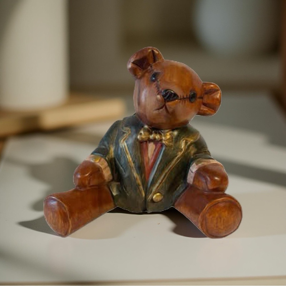 Vintage Solid Wood Carved Teddy Bear – Handcrafted Collectible